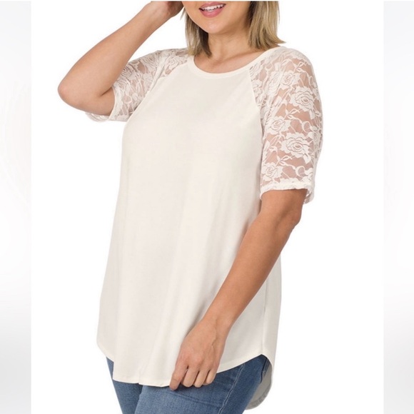 NWT Zenana Chantilly Lace short sleeved top w/ rounded neck and hem line Sz-XL - Picture 1 of 9